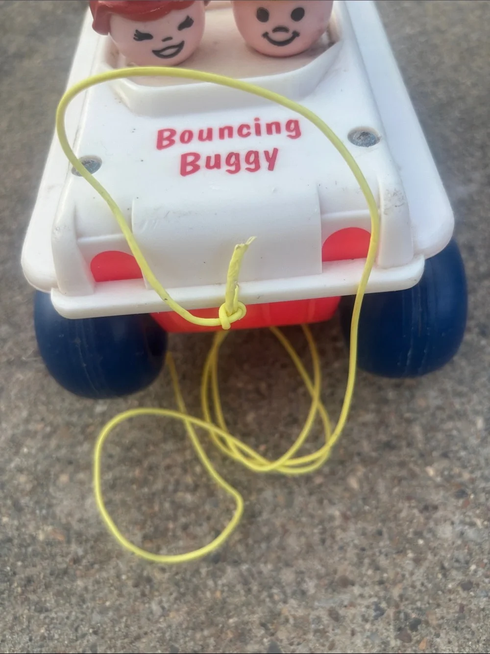 Vintage 1973 Fisher PriceBouncing Buggy Pull Toy - White with Blue & Red Accents